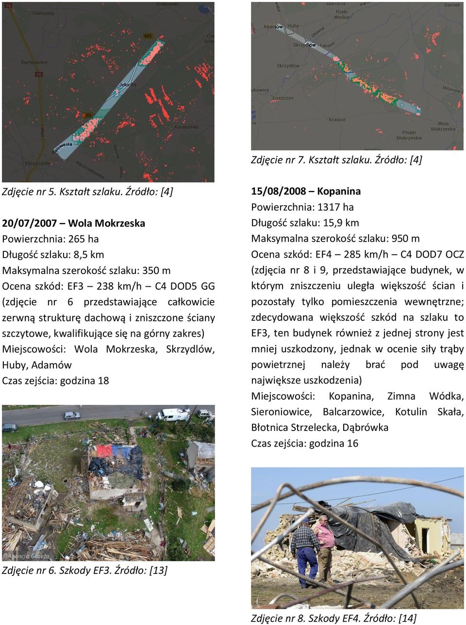 Źródło: [4] 20/07/2007 Wola Mokrzeska Powierzchnia: 265 ha Długośd szlaku: 8,5 km Maksymalna szerokośd szlaku: 350 m Ocena szkód: EF3 238 km/h C4 DOD5 GG (zdjęcie nr 6 przedstawiające całkowicie