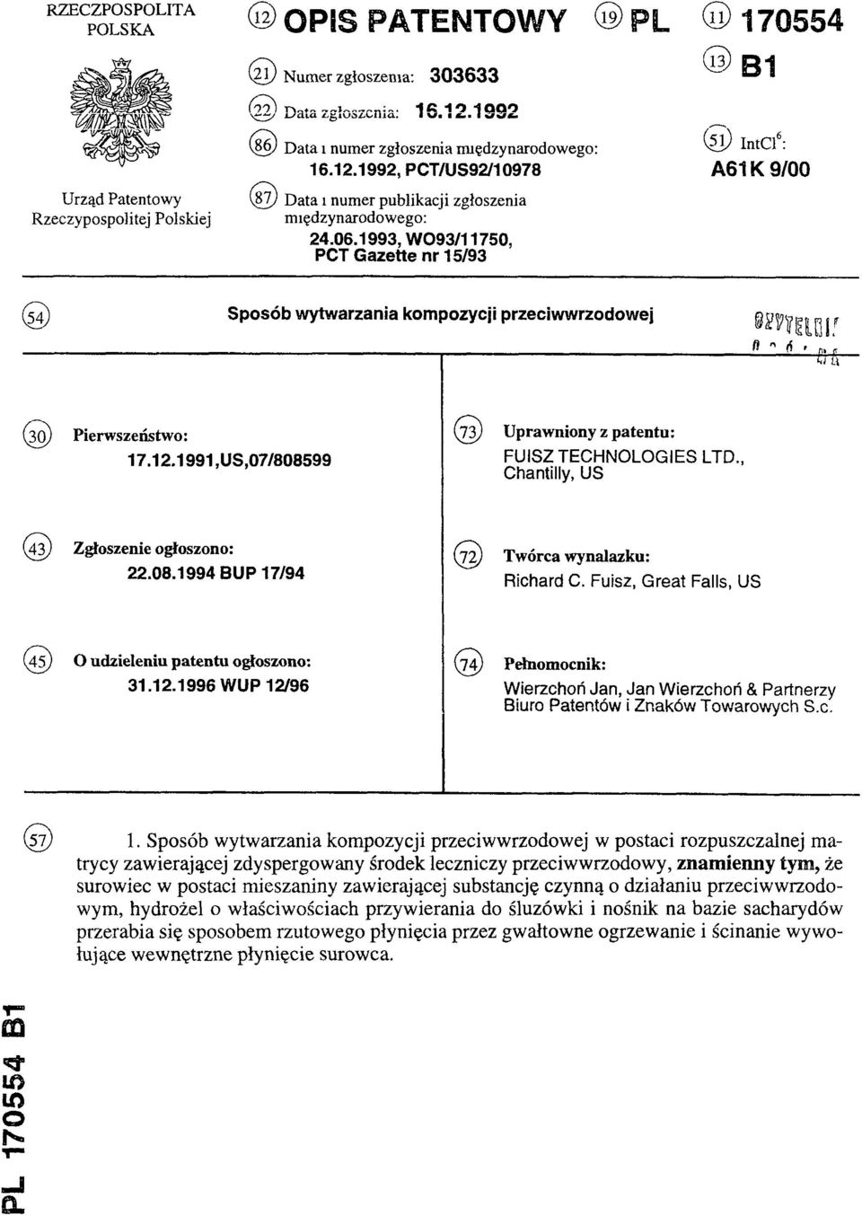 1993, WO93/11750, PCT Gazette nr 15/93 (11) 170554 (13) B1 (51) IntCl6: A61K 9/00 (54) Sposób wytwarzania kompozycji przeciwwrzodowej (30) Pierwszeństwo: 17.12.