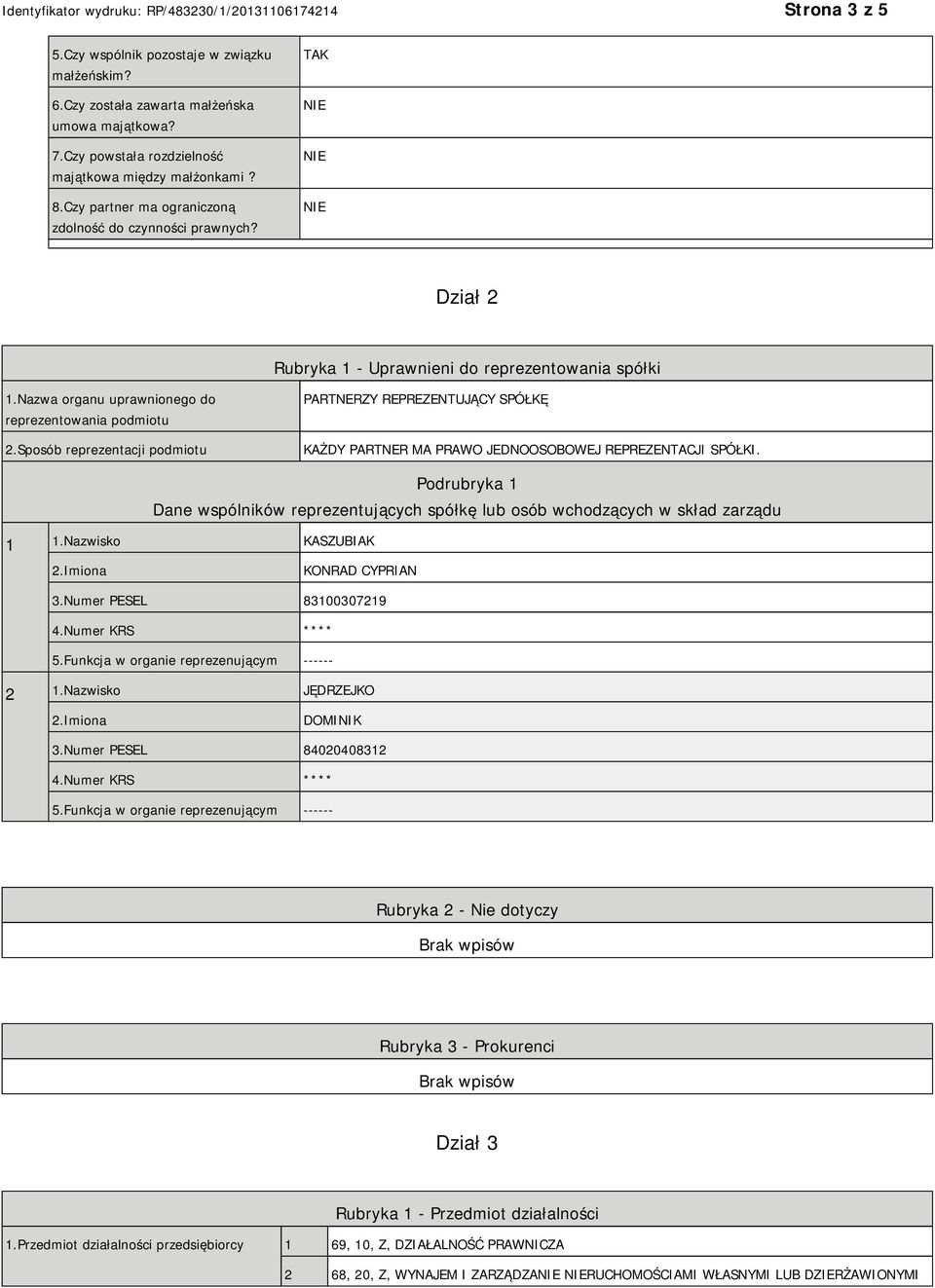 Sposób reprezentacji podmiotu PARTNERZY REPREZENTUJĄCY SPÓŁKĘ KAŻDY PARTNER MA PRAWO JEDNOOSOBOWEJ REPREZENTACJI SPÓŁKI.