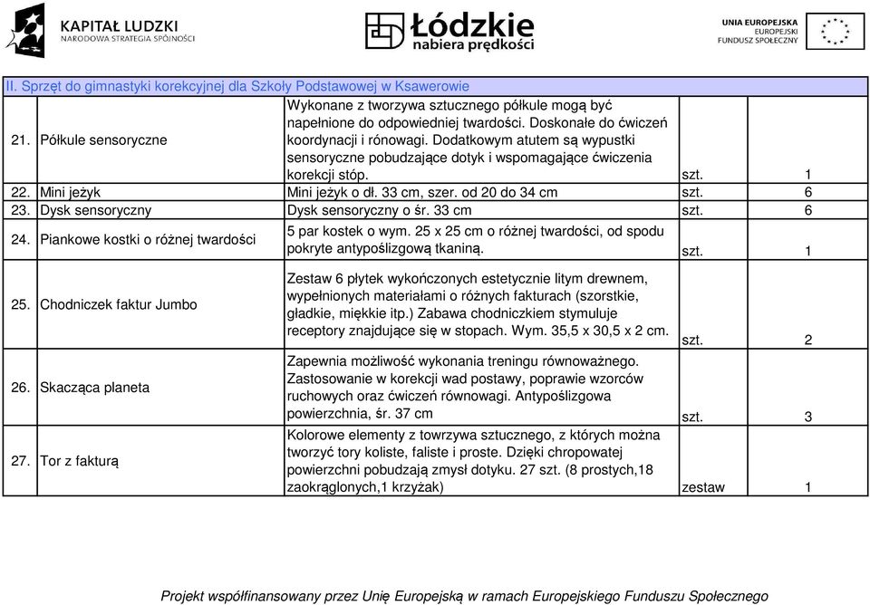 od 20 do 34 cm szt. 6 23. Dysk sensoryczny Dysk sensoryczny o śr. 33 cm szt. 6 24. Piankowe kostki o różnej twardości 5 par kostek o wym.