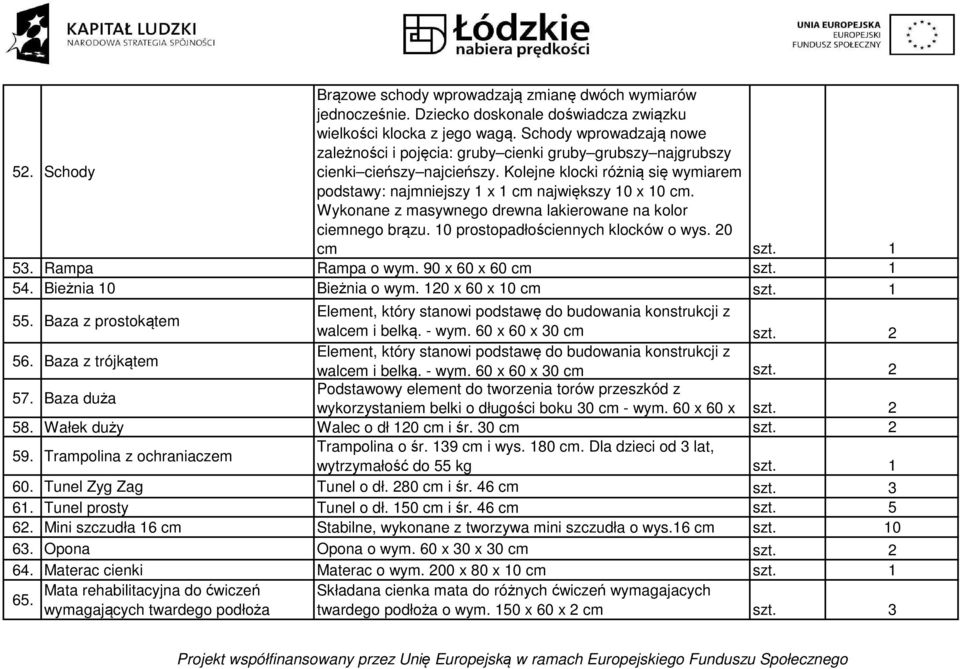Kolejne klocki różnią się wymiarem podstawy: najmniejszy 1 x 1 cm największy 10 x 10 cm. Wykonane z masywnego drewna lakierowane na kolor ciemnego brązu. 10 prostopadłościennych klocków o wys.