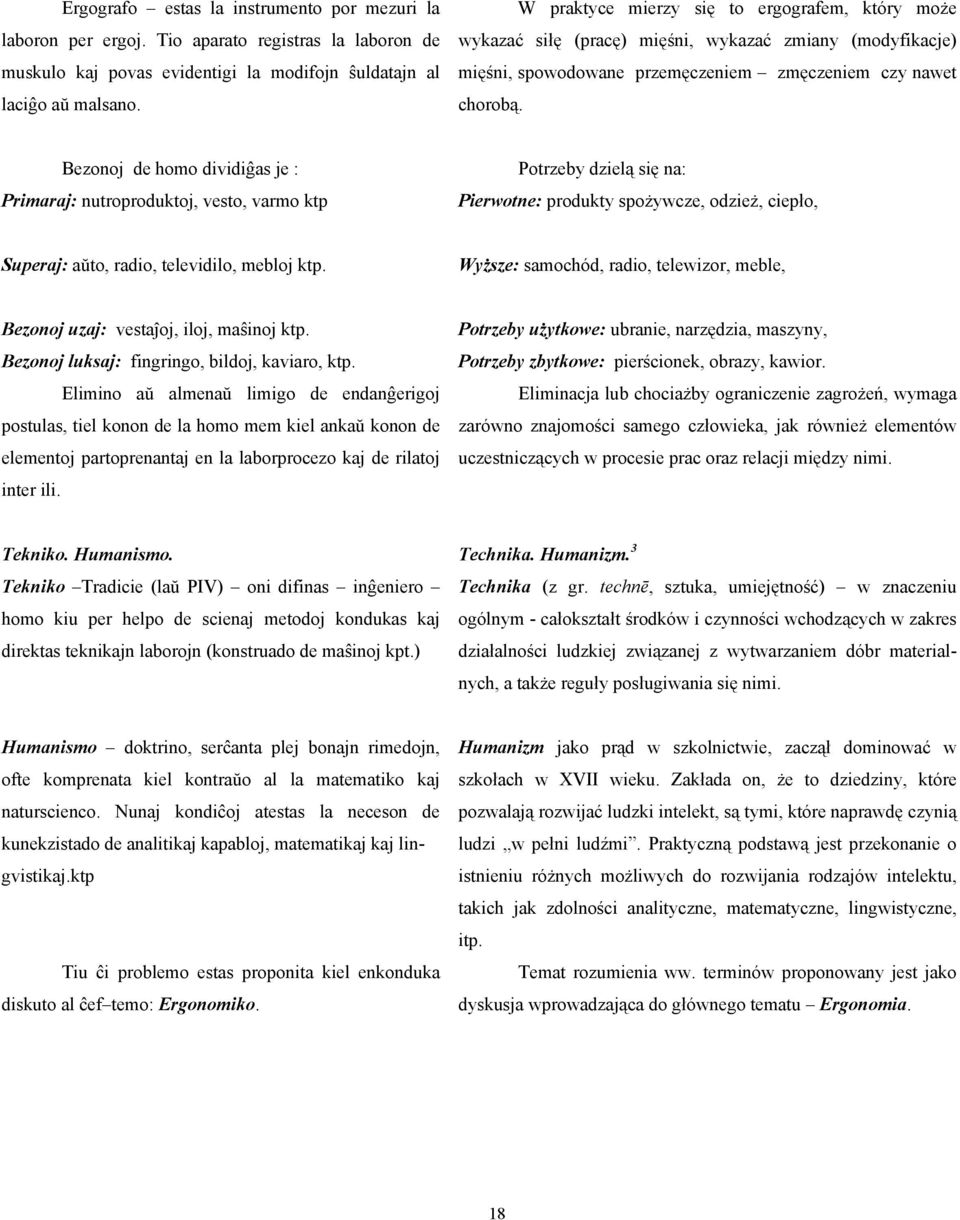 Bezonoj de homo dividiĝas je : Primaraj: nutroproduktoj, vesto, varmo ktp Potrzeby dzielą się na: Pierwotne: produkty spożywcze, odzież, ciepło, Superaj: aŭto, radio, televidilo, mebloj ktp.