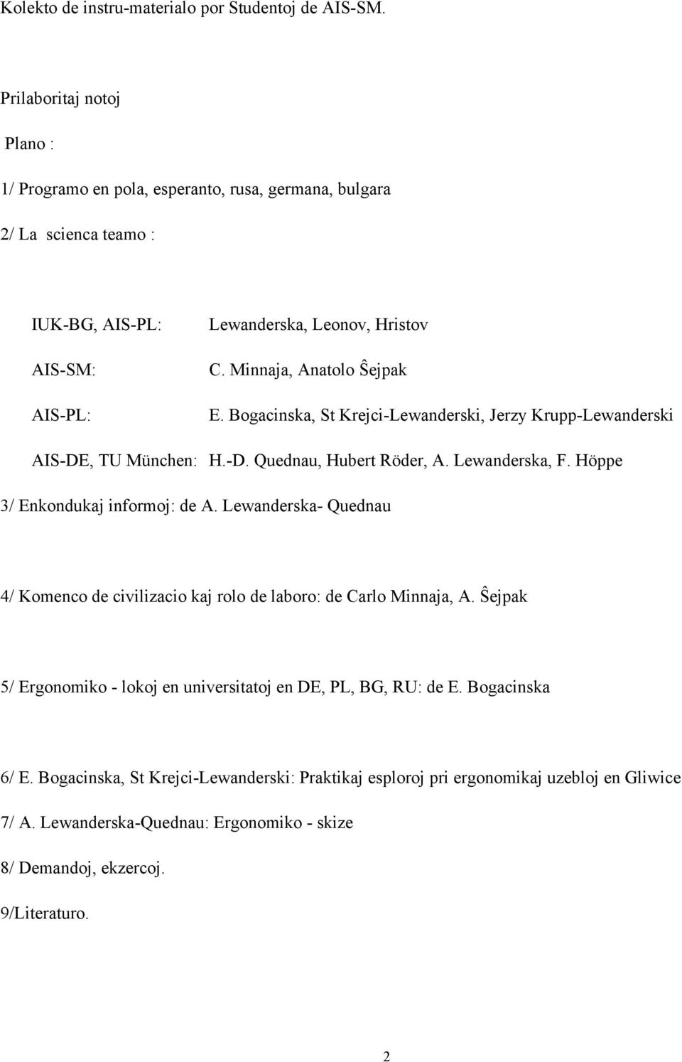 Minnaja, Anatolo Ŝejpak E. Bogacinska, St Krejci-Lewanderski, Jerzy Krupp-Lewanderski AIS-DE, TU München: H.-D. Quednau, Hubert Röder, A. Lewanderska, F. Höppe 3/ Enkondukaj informoj: de A.