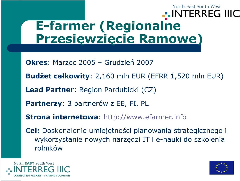 Partnerzy: 3 partnerów z EE, FI, PL Strona internetowa: http://www.efarmer.