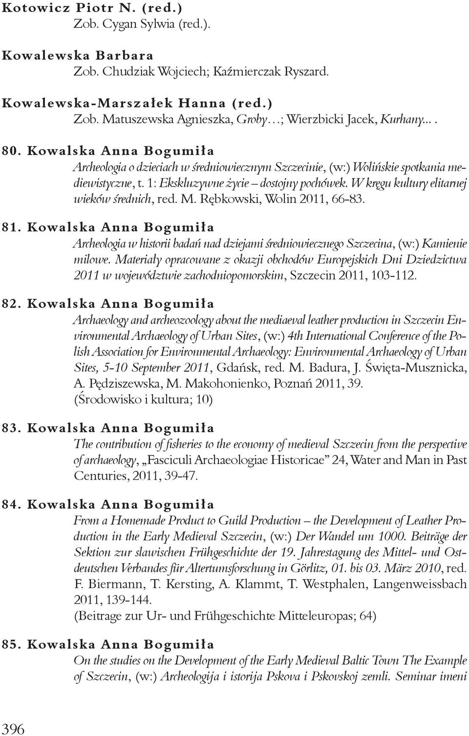 W kręgu kultury elitarnej wieków średnich, red. M. Rębkowski, Wolin 2011, 66-83. 81. Kowalska Anna Bogumiła Archeologia w historii badań nad dziejami średniowiecznego Szczecina, (w:) Kamienie milowe.