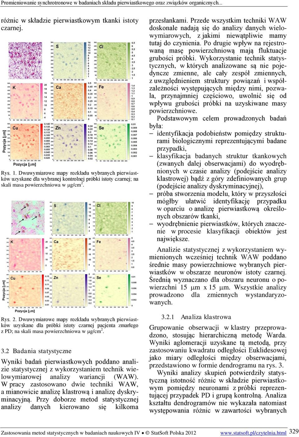 Rys. 2. Dwuwymiarowe mapy rozkładu wybranych pierwiastków uzyskane dla próbki istoty czarnej pacjenta zmarłego z PD; na skali masa powierzchniowa w g/cm 2. 3.