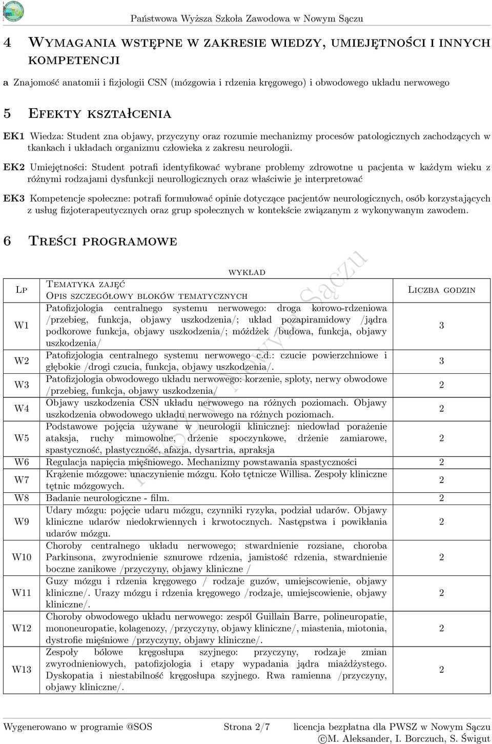 EK Umiejętności: Student potrafi identyfikować wybrane problemy zdrowotne u pacjenta w każdym wieku z różnymi rodzajami dysfunkcji neurollogicznych oraz w laściwie je interpretować EK Kompetencje spo