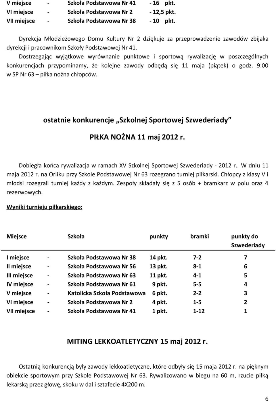 Dostrzegając wyjątkowe wyrównanie punktowe i sportową rywalizację w poszczególnych konkurencjach przypominamy, że kolejne zawody odbędą się 11 maja (piątek) o godz.