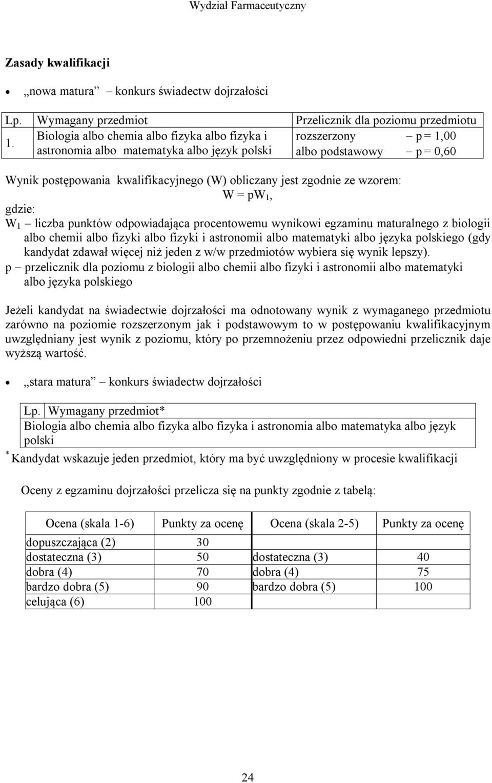 fizyki i astronomii albo matematyki albo języka polskiego (gdy kandydat zdawał więcej niż jeden z w/w przedmiotów wybiera się wynik lepszy).