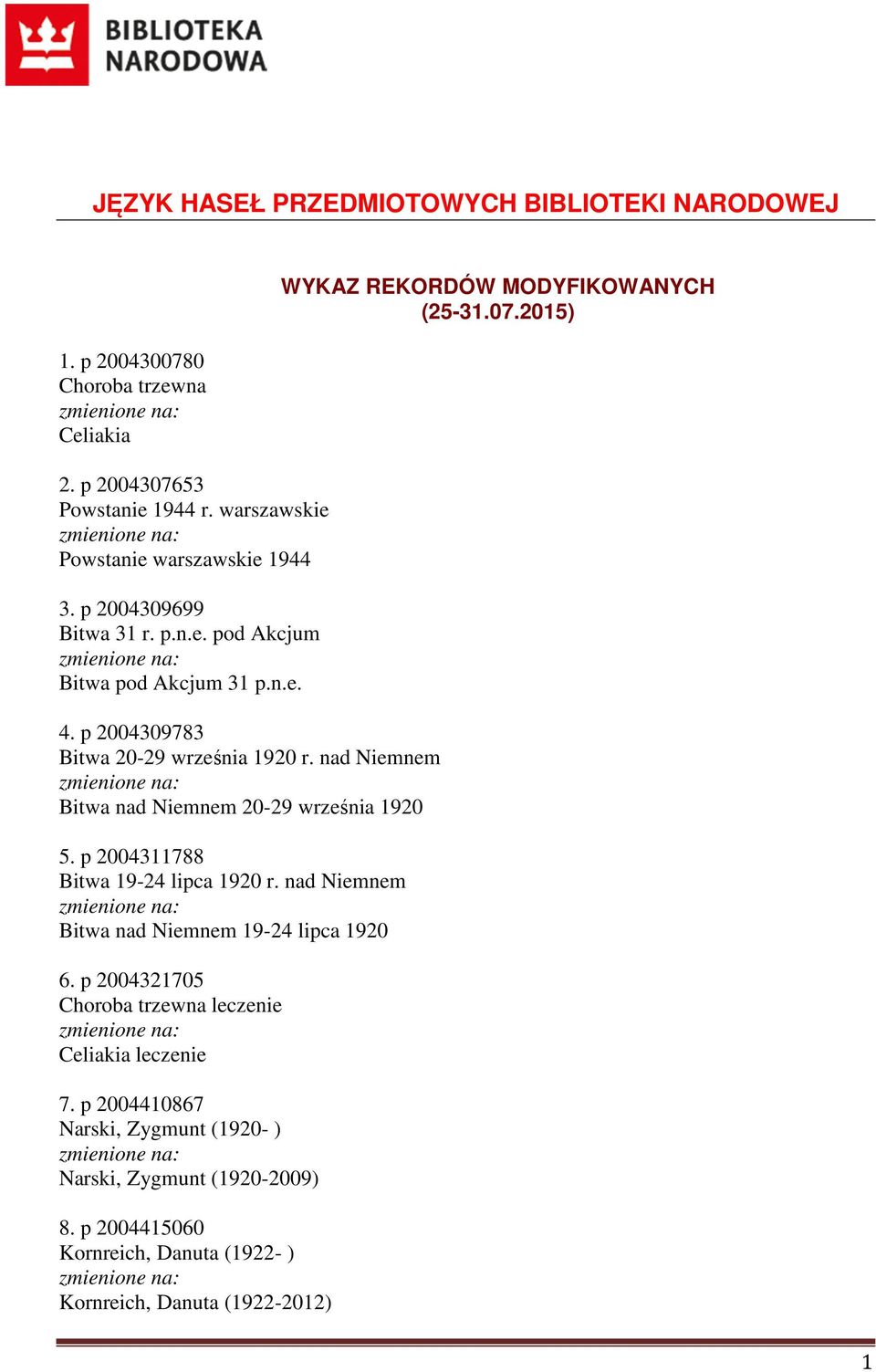 p 2004311788 Bitwa 19-24 lipca 1920 r. nad Niemnem Bitwa nad Niemnem 19-24 lipca 1920 6. p 2004321705 Choroba trzewna leczenie Celiakia leczenie 7.