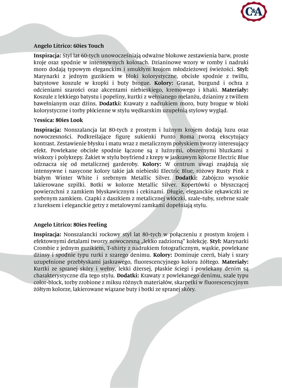 Styl: Marynarki z jednym guzikiem w bloki kolorystyczne, obcisłe spodnie z twillu, batystowe koszule w kropki i buty brogue.