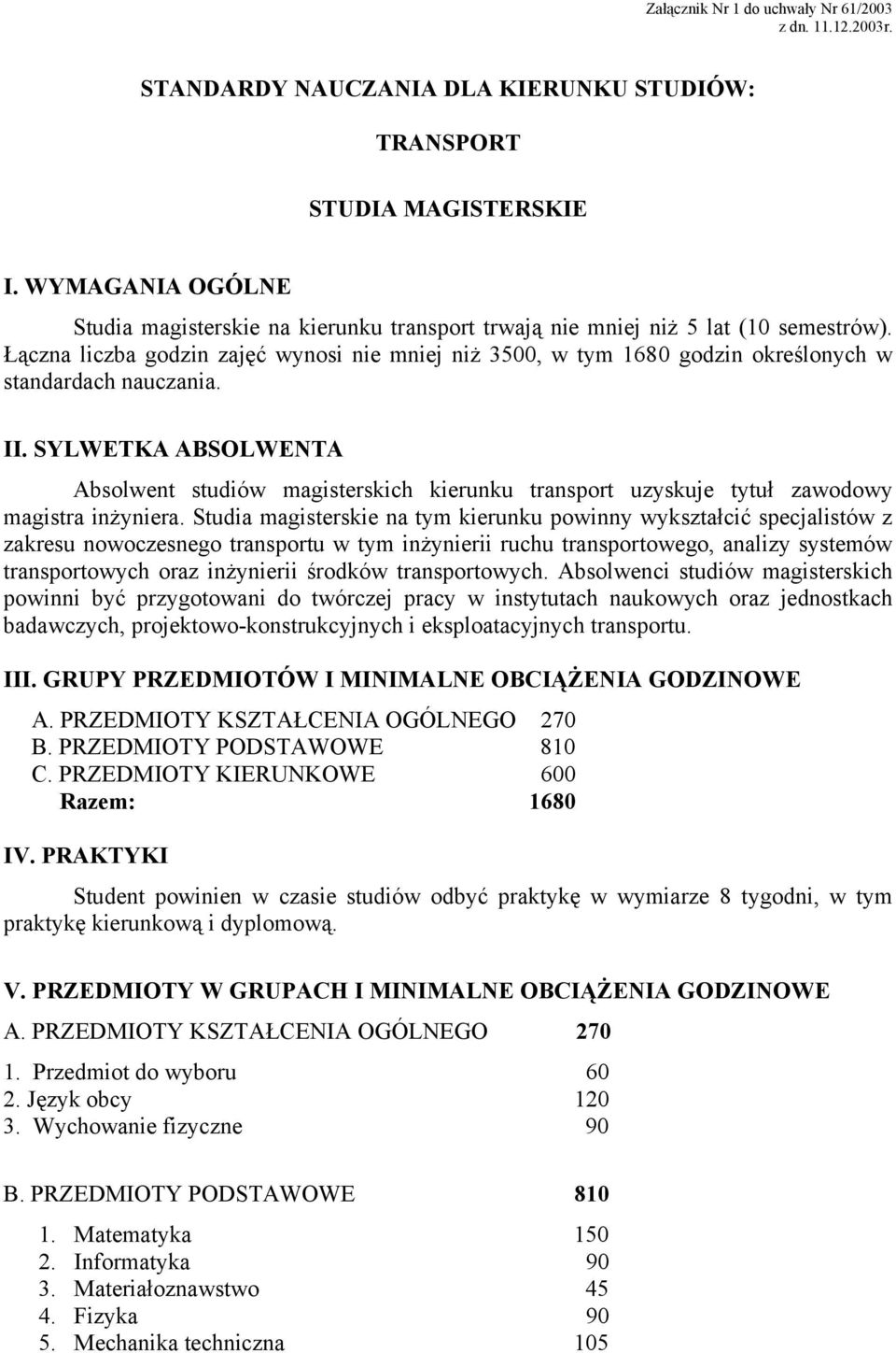 Łączna liczba godzin zajęć wynosi nie mniej niż 3500, w tym 1680 godzin określonych w standardach nauczania. II.