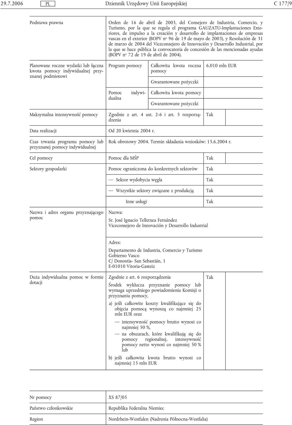 Industrial, por la que se hace pública la convocatoria de concesión de las mencionadas ayudas (BOPV n o 72 de 19 de abril de 2004).