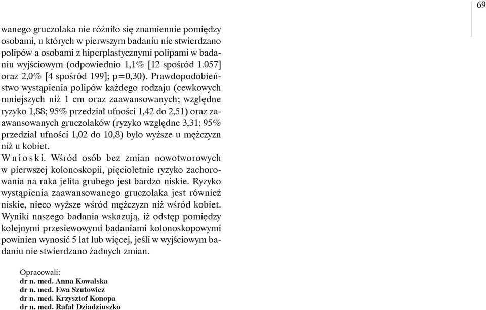 Prawdopodobieństwo wystąpienia polipów każdego rodzaju (cewkowych mniejszych niż 1 cm oraz zaawansowanych; względne ryzyko 1,88; 95% przedział ufności 1,42 do 2,51) oraz zaawansowanych gruczolaków