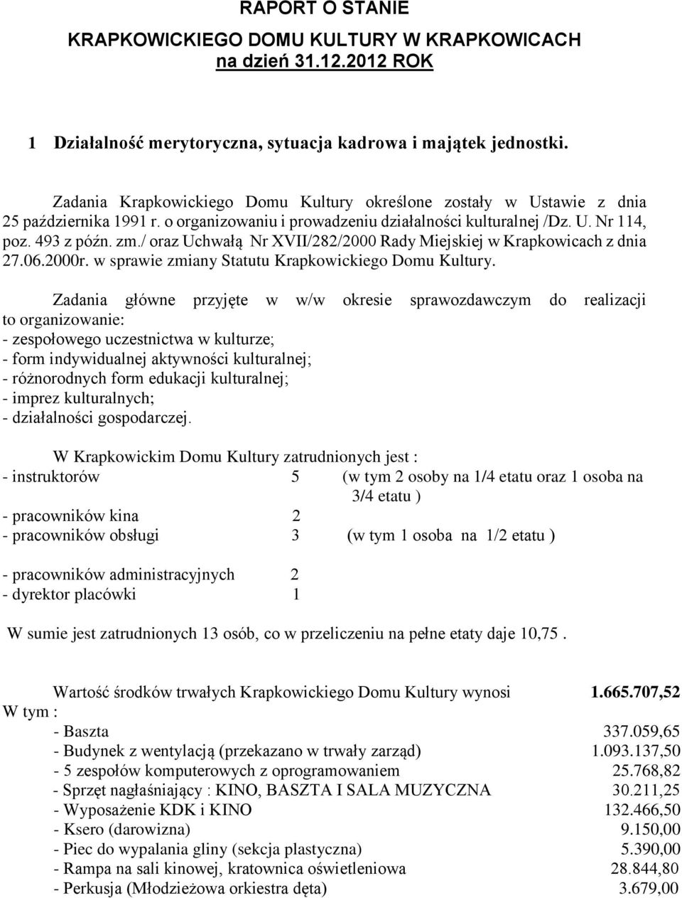 / oraz Uchwałą Nr XVII/282/2000 Rady Miejskiej w Krapkowicach z dnia 27.06.2000r. w sprawie zmiany Statutu Krapkowickiego Domu Kultury.