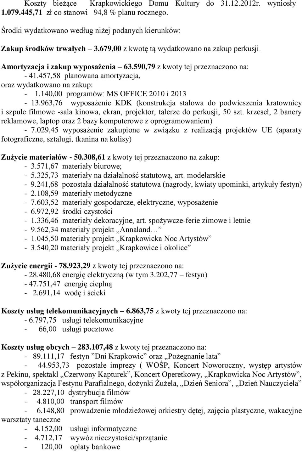 140,00 programów: MS OFFICE 2010 i 2013-13.963,76 wyposażenie KDK (konstrukcja stalowa do podwieszenia kratownicy i szpule filmowe -sala kinowa, ekran, projektor, talerze do perkusji, 50 szt.