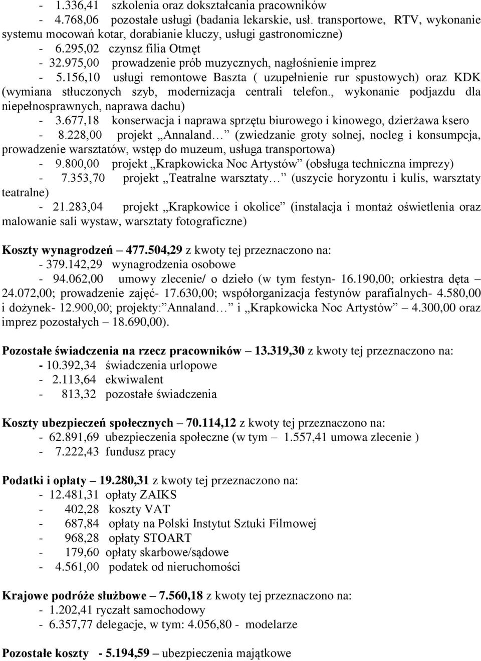 156,10 usługi remontowe Baszta ( uzupełnienie rur spustowych) oraz KDK (wymiana stłuczonych szyb, modernizacja centrali telefon., wykonanie podjazdu dla niepełnosprawnych, naprawa dachu) - 3.