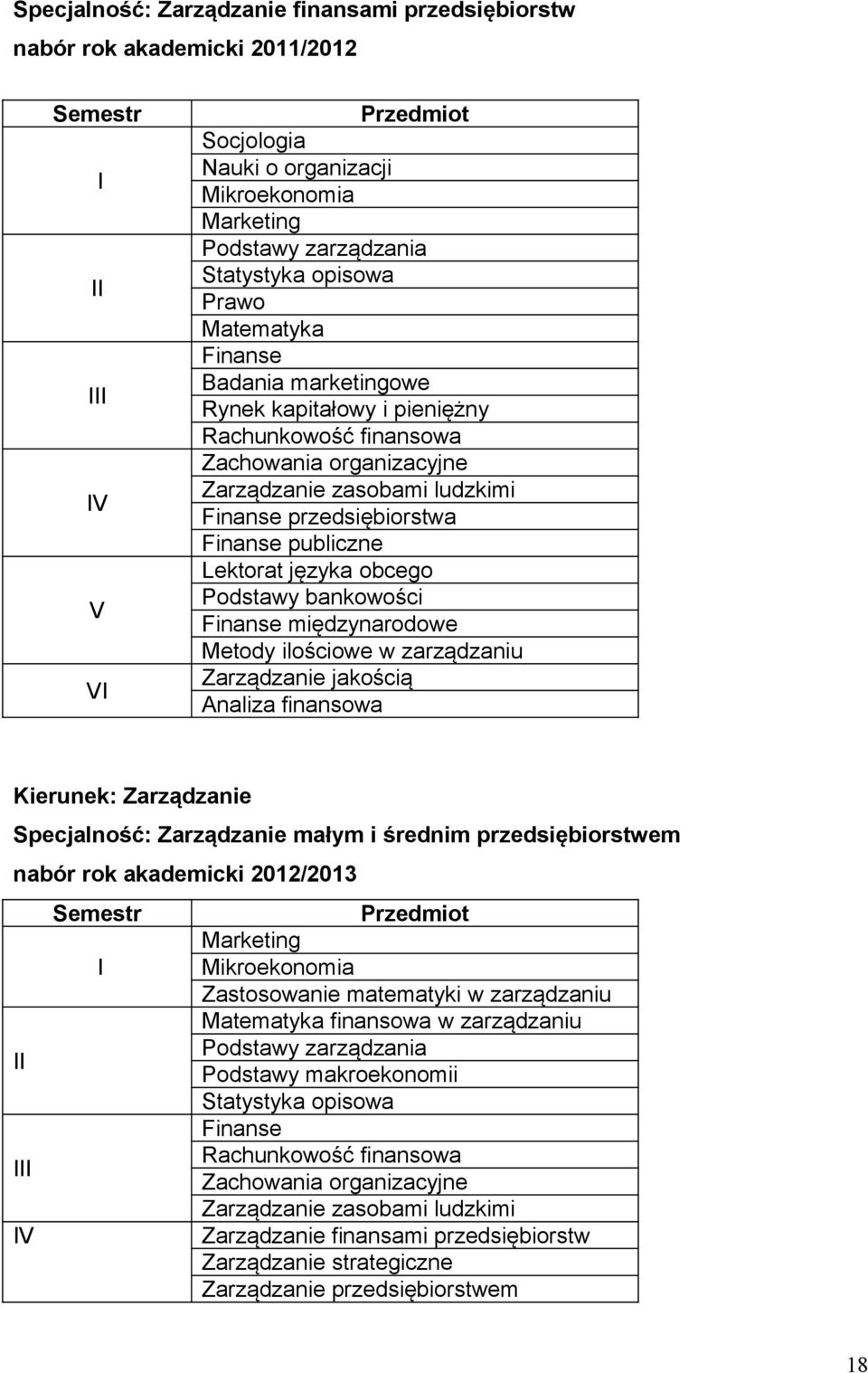 Finanse publiczne Lektorat języka obcego Podstawy bankowości Finanse międzynarodowe Metody ilościowe w zarządzaniu Zarządzanie jakością Analiza finansowa Kierunek: Zarządzanie Specjalność: