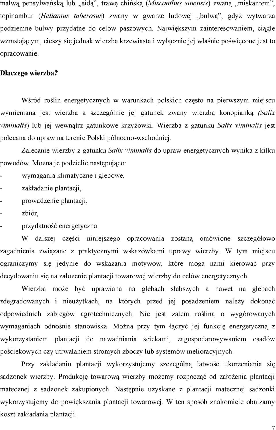 Wśród roślin energetycznych w warunkach polskich często na pierwszym miejscu wymieniana jest wierzba a szczególnie jej gatunek zwany wierzbą konopianką (Salix viminalis) lub jej wewnątrz gatunkowe