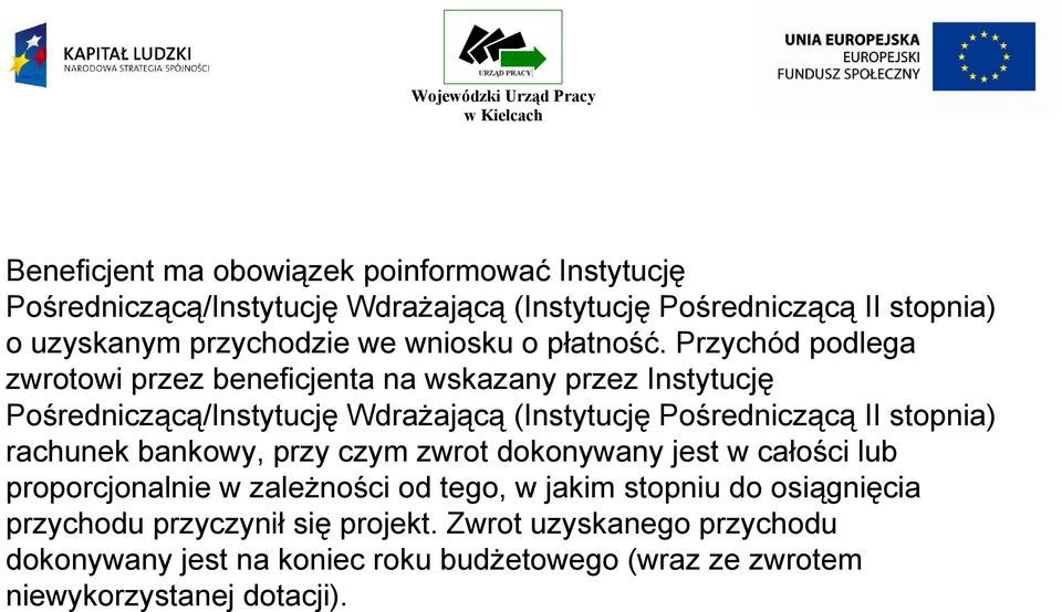 Przychód podlega zwrotowi przez beneficjenta na wskazany przez Instytucję Pośredniczącą/Instytucję Wdrażającą (Instytucję Pośredniczącą II stopnia)