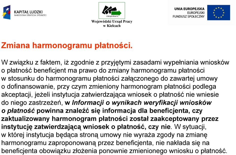 umowy o dofinansowanie, przy czym zmieniony harmonogram płatności podlega akceptacji, jeżeli instytucja zatwierdzająca wniosek o płatność nie wniesie do niego zastrzeżeń, w Informacji o wynikach