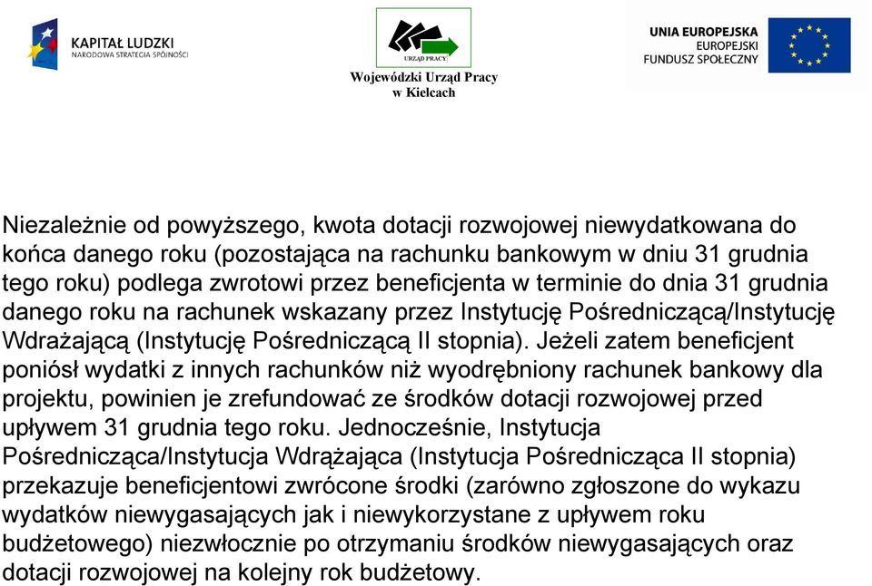 Jeżeli zatem beneficjent poniósł wydatki z innych rachunków niż wyodrębniony rachunek bankowy dla projektu, powinien je zrefundować ze środków dotacji rozwojowej przed upływem 31 grudnia tego roku.