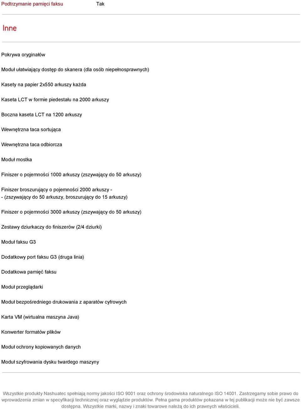 2000 arkuszy - - (zszywający do 50 arkuszy, broszurujący do 15 arkuszy) Finiszer o pojemności 3000 arkuszy (zszywający do 50 arkuszy) Zestawy dziurkaczy do finiszerów (2/4 dziurki) Moduł faksu G3
