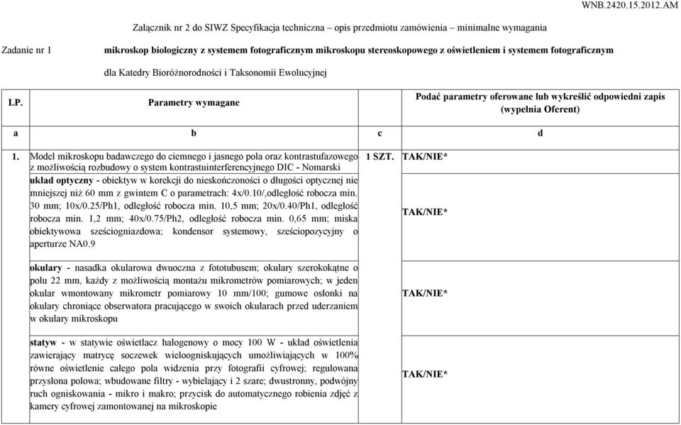 i systemem fotograficznym LP. dla Katedry Bioróżnorodności i Taksonomii Ewolucyjnej Parametry wymagane Podać parametry oferowane lub wykreślić odpowiedni zapis (wypełnia Oferent) a b c d 1.