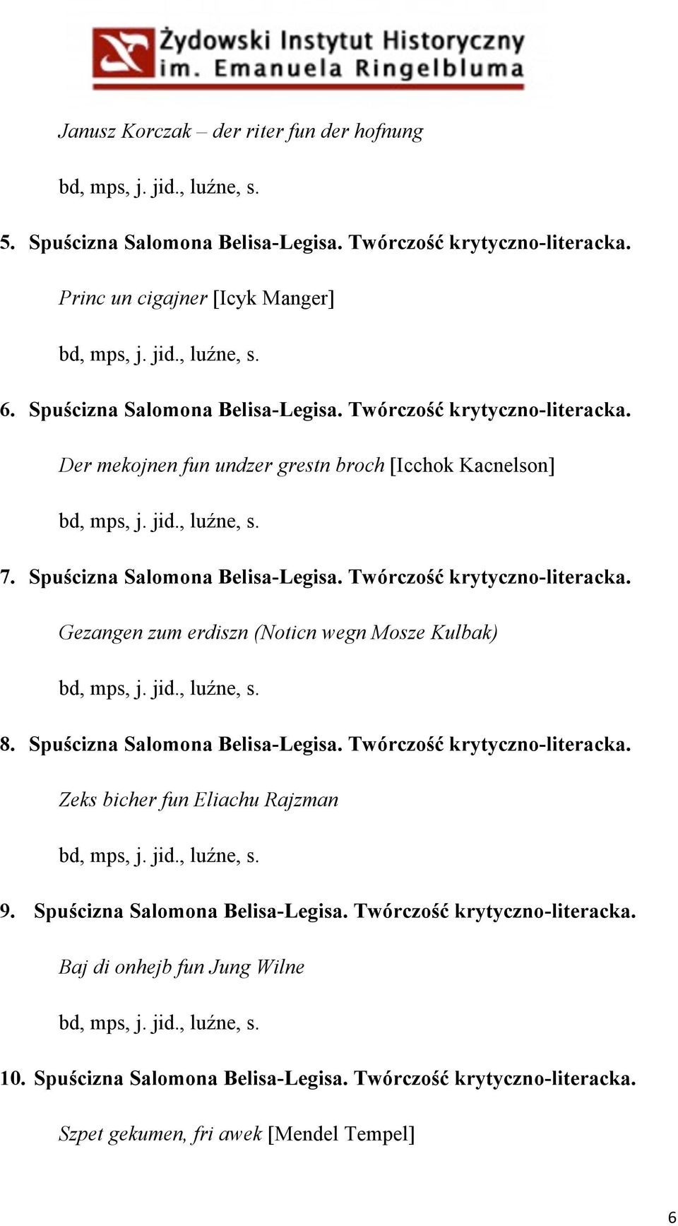 Twórczość krytyczno-literacka. Gezangen zum erdiszn (Noticn wegn Mosze Kulbak) 8. Spuścizna Salomona Belisa-Legisa. Twórczość krytyczno-literacka.