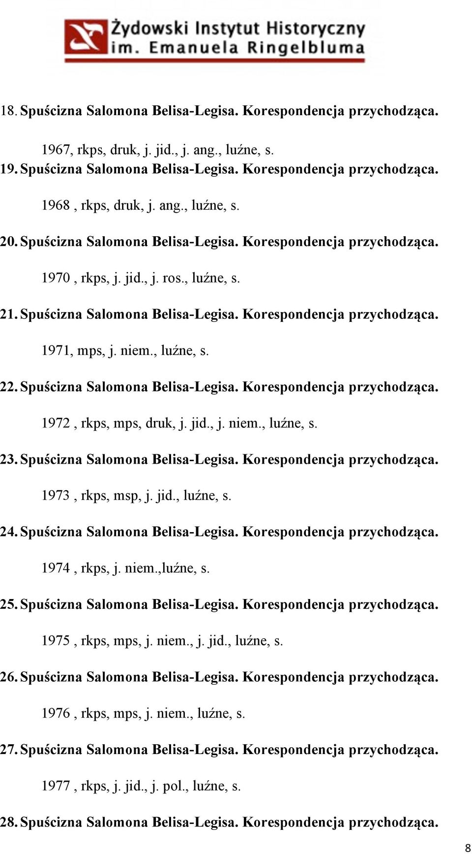 niem., luźne, s. 22. Spuścizna Salomona Belisa-Legisa. Korespondencja przychodząca. 1972, rkps, mps, druk, j. jid., j. niem., luźne, s. 23. Spuścizna Salomona Belisa-Legisa. Korespondencja przychodząca. 1973, rkps, msp, j.