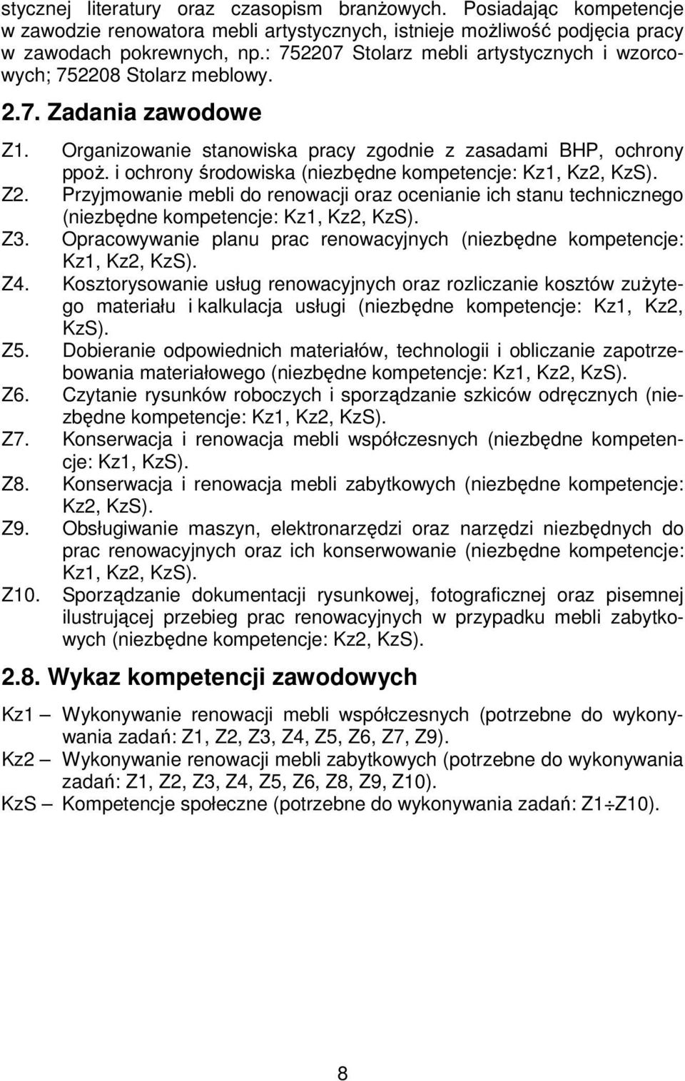 i ochrony środowiska (niezbędne kompetencje: Kz1, Kz2, KzS). Z2. Przyjmowanie mebli do renowacji oraz ocenianie ich stanu technicznego (niezbędne kompetencje: Kz1, Kz2, KzS). Z3.