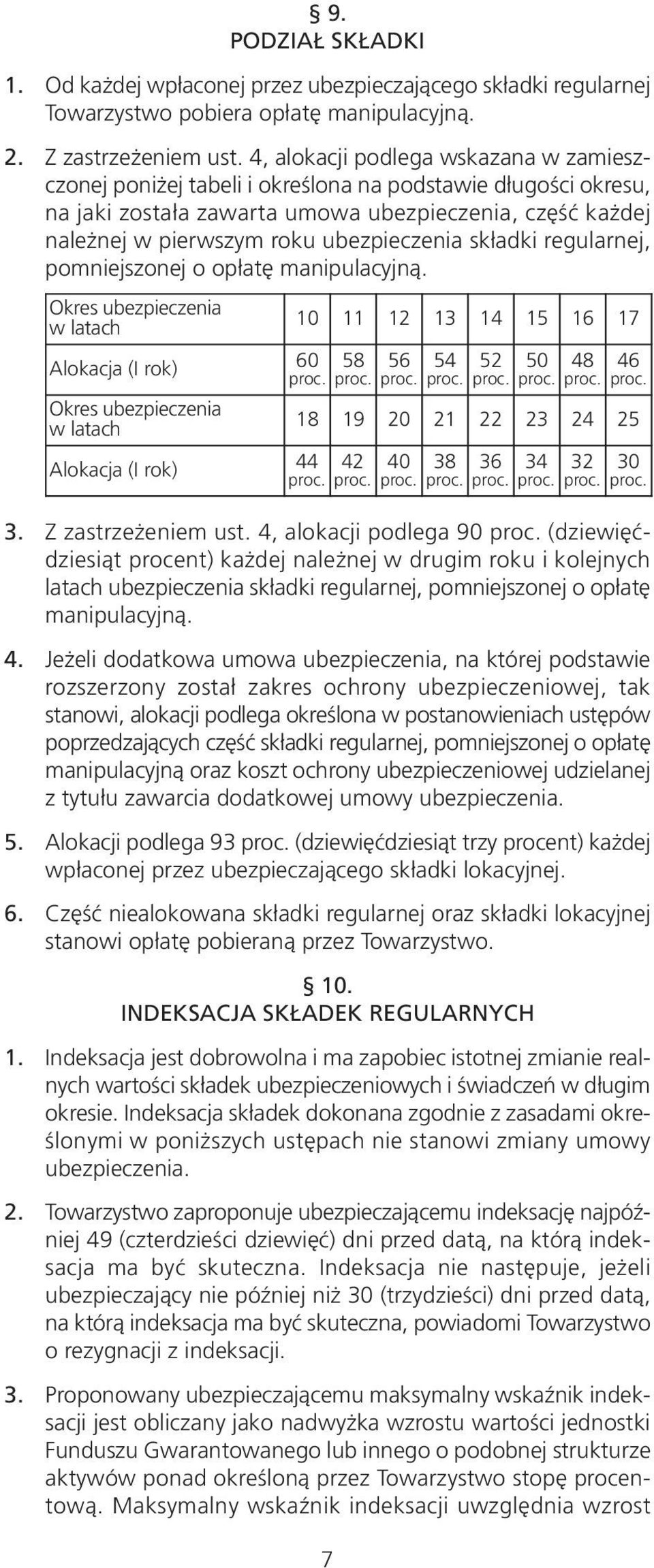 składki regularnej, pomniejszonej o opłatę manipulacyjną. Okres ubez pie cze nia w la tach Alo ka cja (I rok) Okres ubez pie cze nia w la tach Alo ka cja (I rok) 10 11 12 13 14 15 16 17 60 proc.