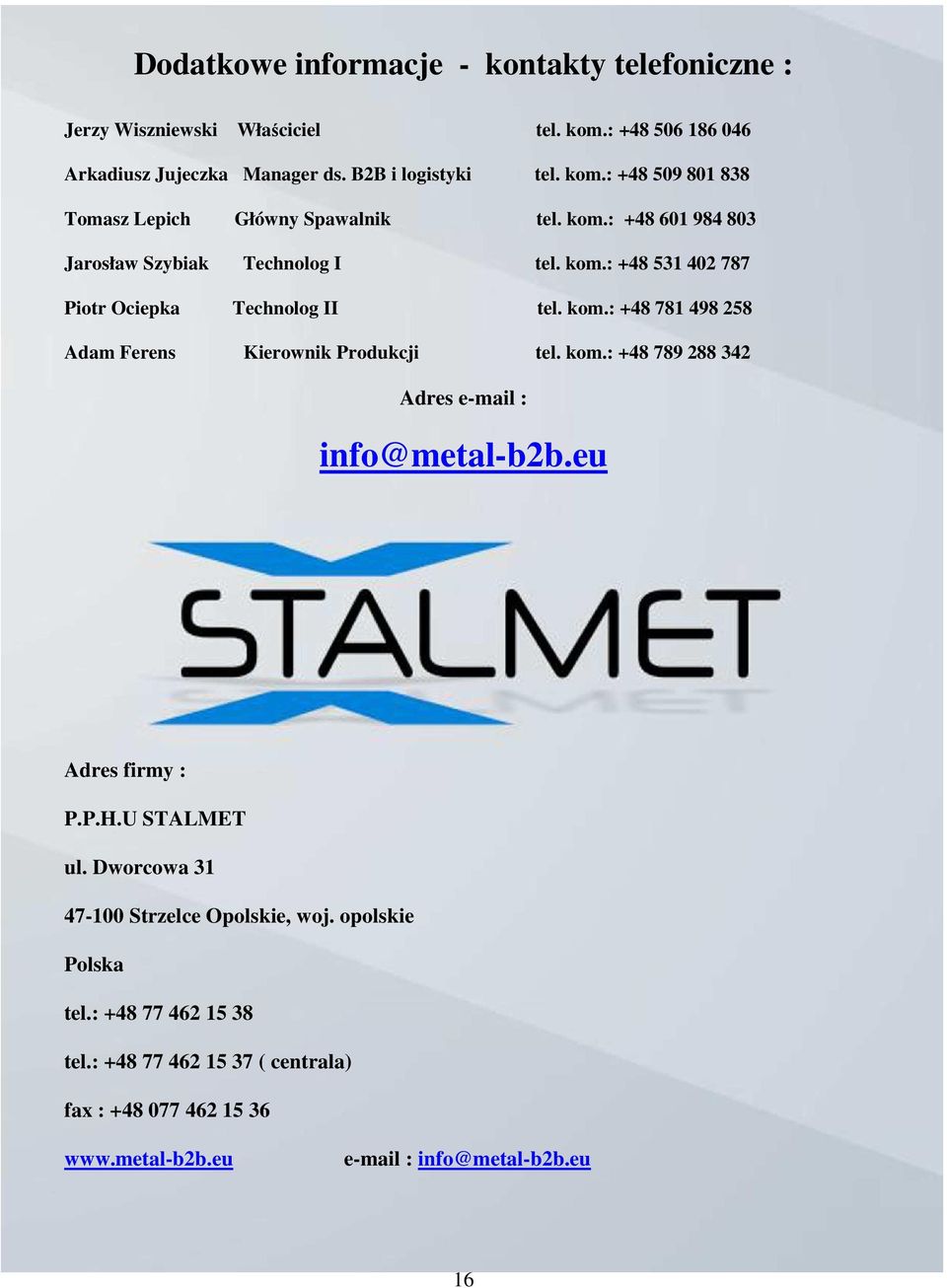 kom.: +48 789 288 342 Adres e-mail : info@metal-b2b.eu Adres firmy : P.P.H.U STALMET ul. Dworcowa 31 47-100 Strzelce Opolskie, woj. opolskie Polska tel.