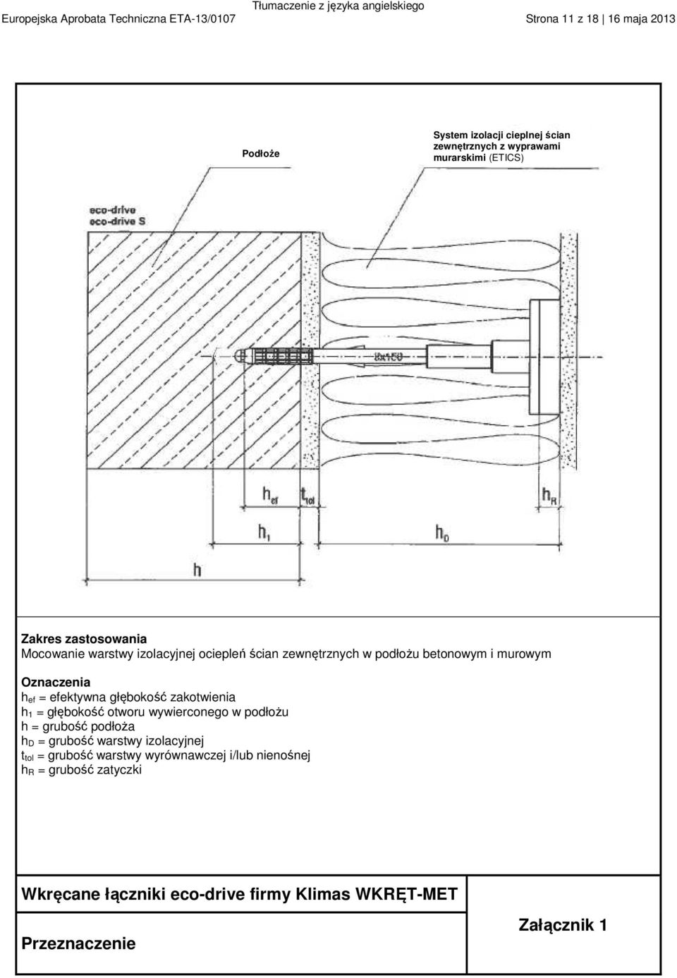 ef = efektywna głębokość zakotwienia h 1 = głębokość otworu wywierconego w podłożu h = grubość podłoża h D = grubość warstwy izolacyjnej t