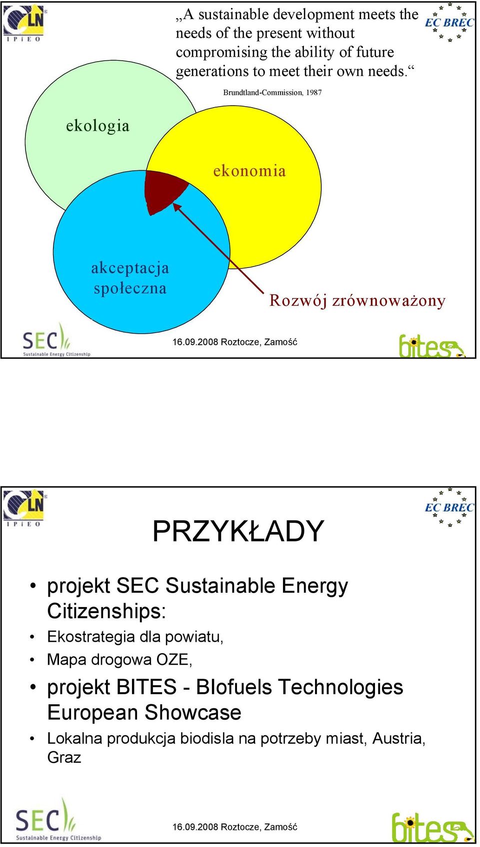 Brundtland-Commission, 1987 ekologia ekonomia akceptacja społeczna Rozwój zrównoważony PRZYKŁADY projekt SEC