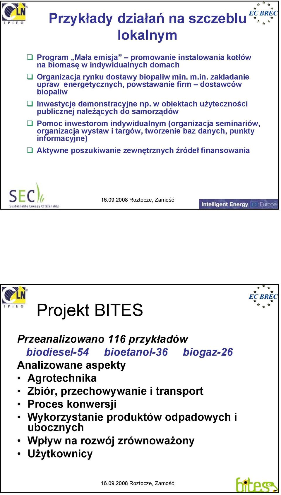 Aktywne poszukiwanie zewnętrznych źródeł finansowania Projekt BITES Przeanalizowano 116 przykładów biodiesel-54 bioetanol-36 biogaz-26 Analizowane aspekty Agrotechnika Zbiór, przechowywanie i