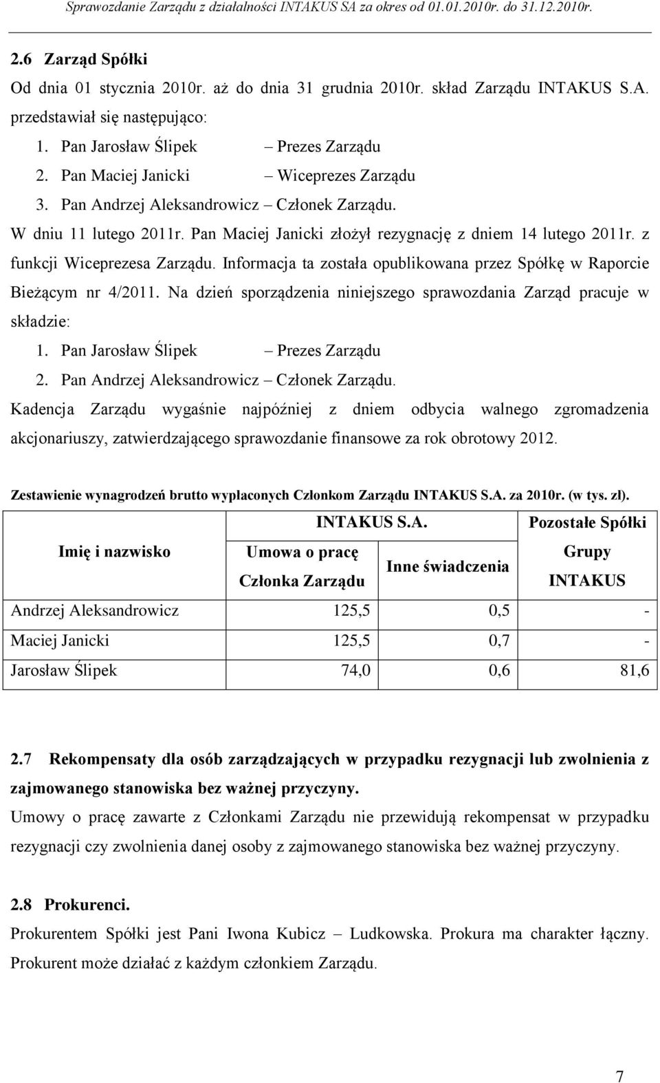 z funkcji Wiceprezesa Zarządu. Informacja ta została opublikowana przez Spółkę w Raporcie Bieżącym nr 4/2011. Na dzień sporządzenia niniejszego sprawozdania Zarząd pracuje w składzie: 1.