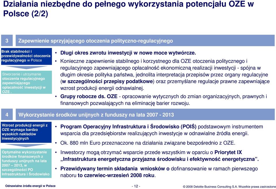 Konieczne zapewnienie stabilnego i korzystnego dla OZE otoczenia politycznego i regulacyjnego zapewniającego opłacalność ekonomiczną realizacji inwestycji - spójna w długim okresie polityka państwa,