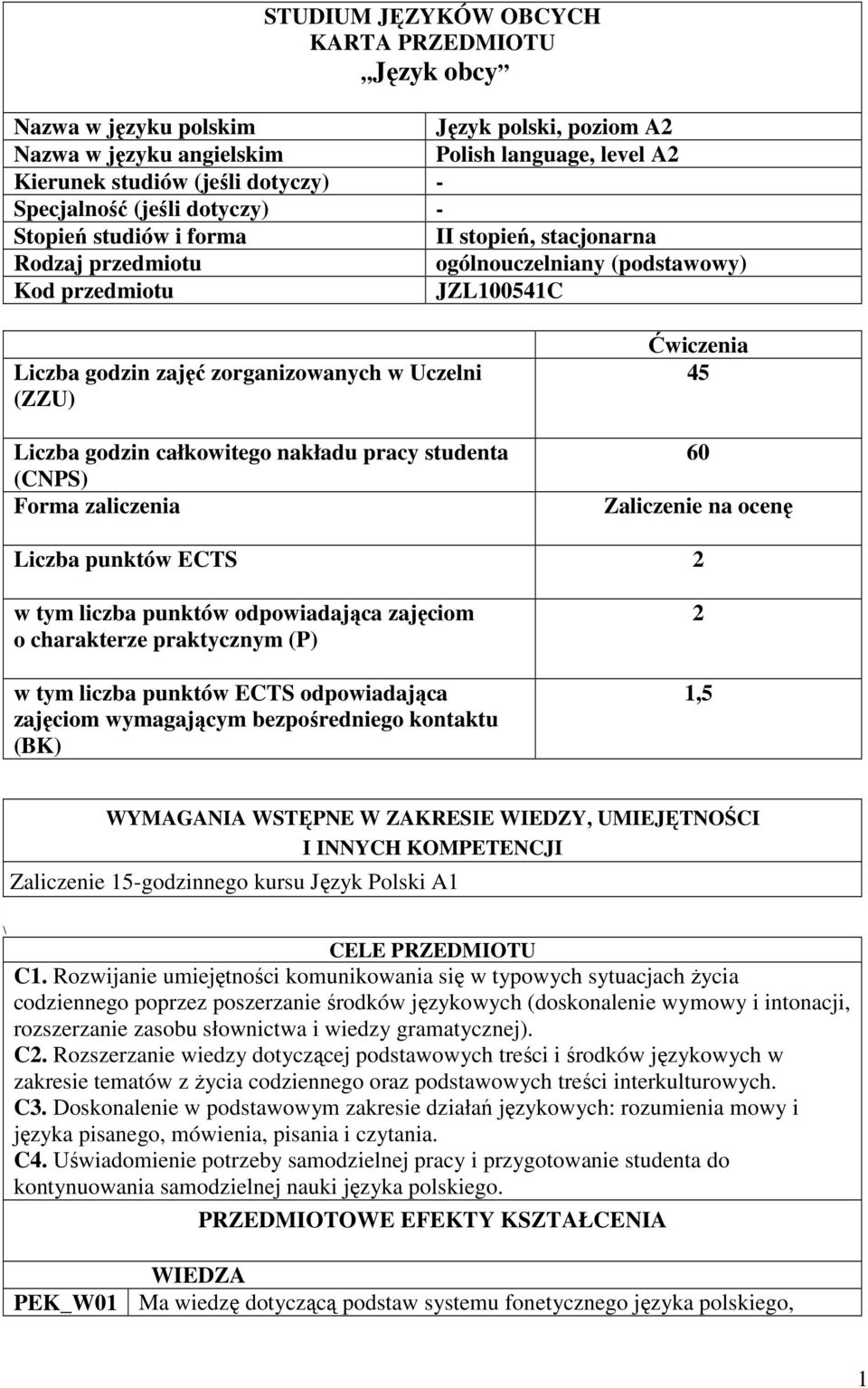 godzin całkowitego nakładu pracy studenta (CNPS) Forma zaliczenia Ćwiczenia 45 60 Zaliczenie na ocenę Liczba punktów ECTS 2 w tym liczba punktów odpowiadająca zajęciom o charakterze praktycznym (P) w