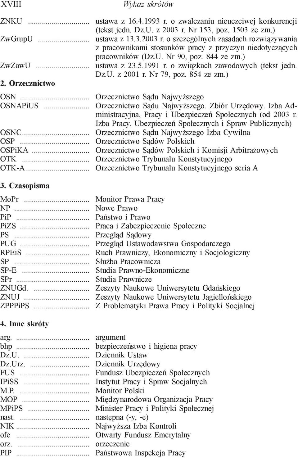 ) ZwZawU... ustawa z 23.5.1991 r. o związkach zawodowych (tekst jedn. Dz.U. z 2001 r. Nr 79, poz. 854 ze zm.) 2. Orzecznictwo OSN... Orzecznictwo Sądu Najwyższego OSNAPiUS.