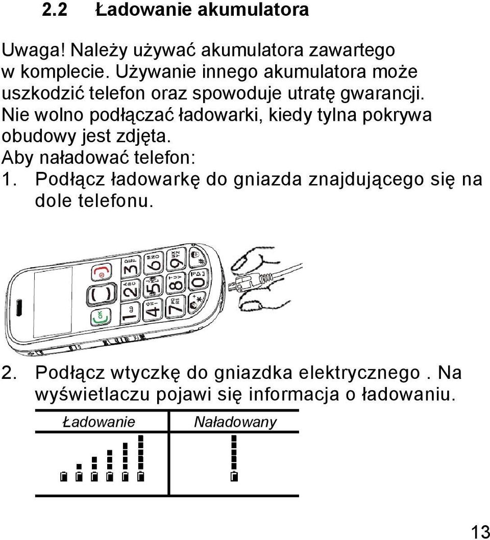 Nie wolno podłączać ładowarki, kiedy tylna pokrywa obudowy jest zdjęta. Aby naładować telefon: 1.