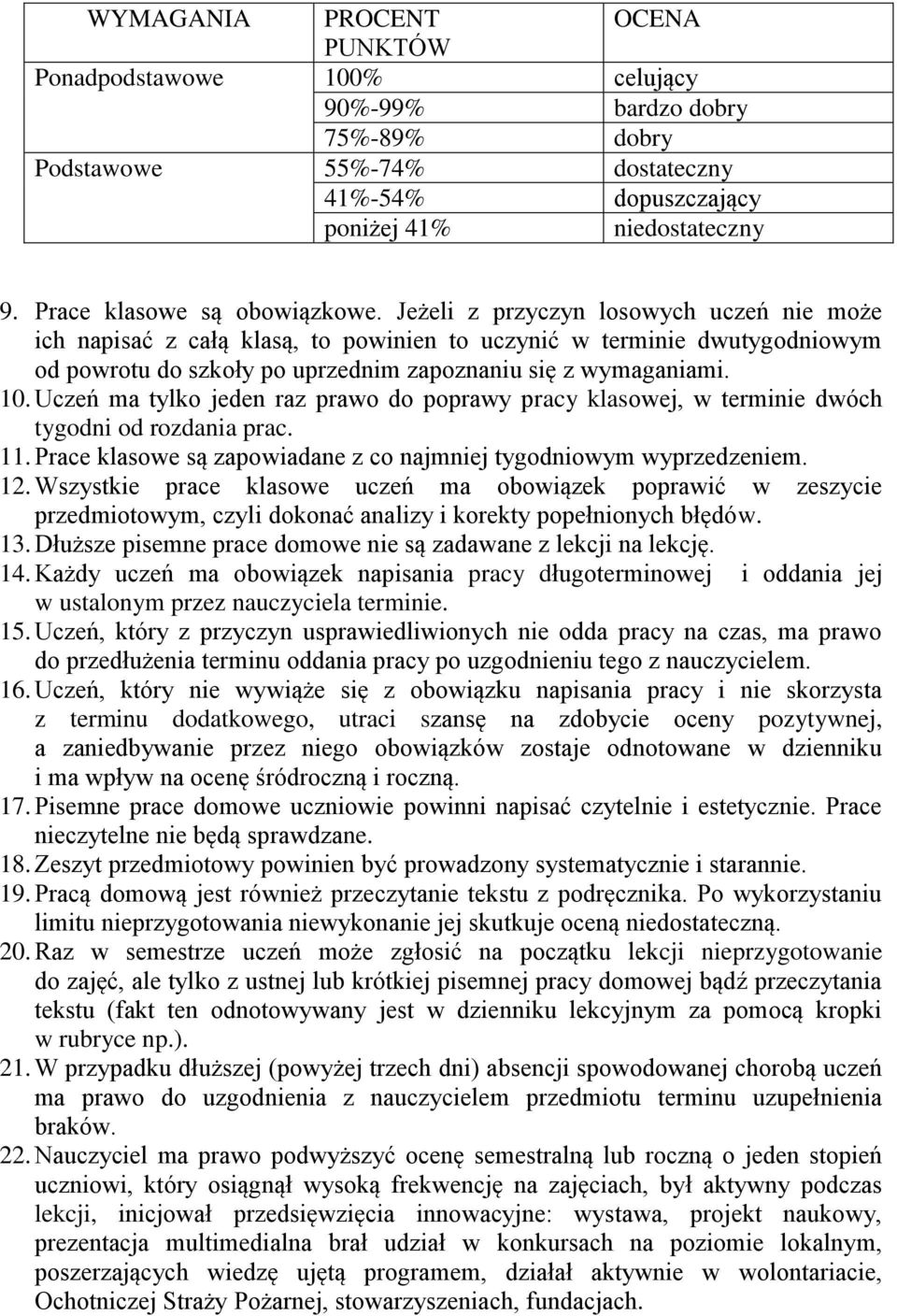 Jeżeli z przyczyn losowych uczeń nie może ich napisać z całą klasą, to powinien to uczynić w terminie dwutygodniowym od powrotu do szkoły po uprzednim zapoznaniu się z wymaganiami. 10.