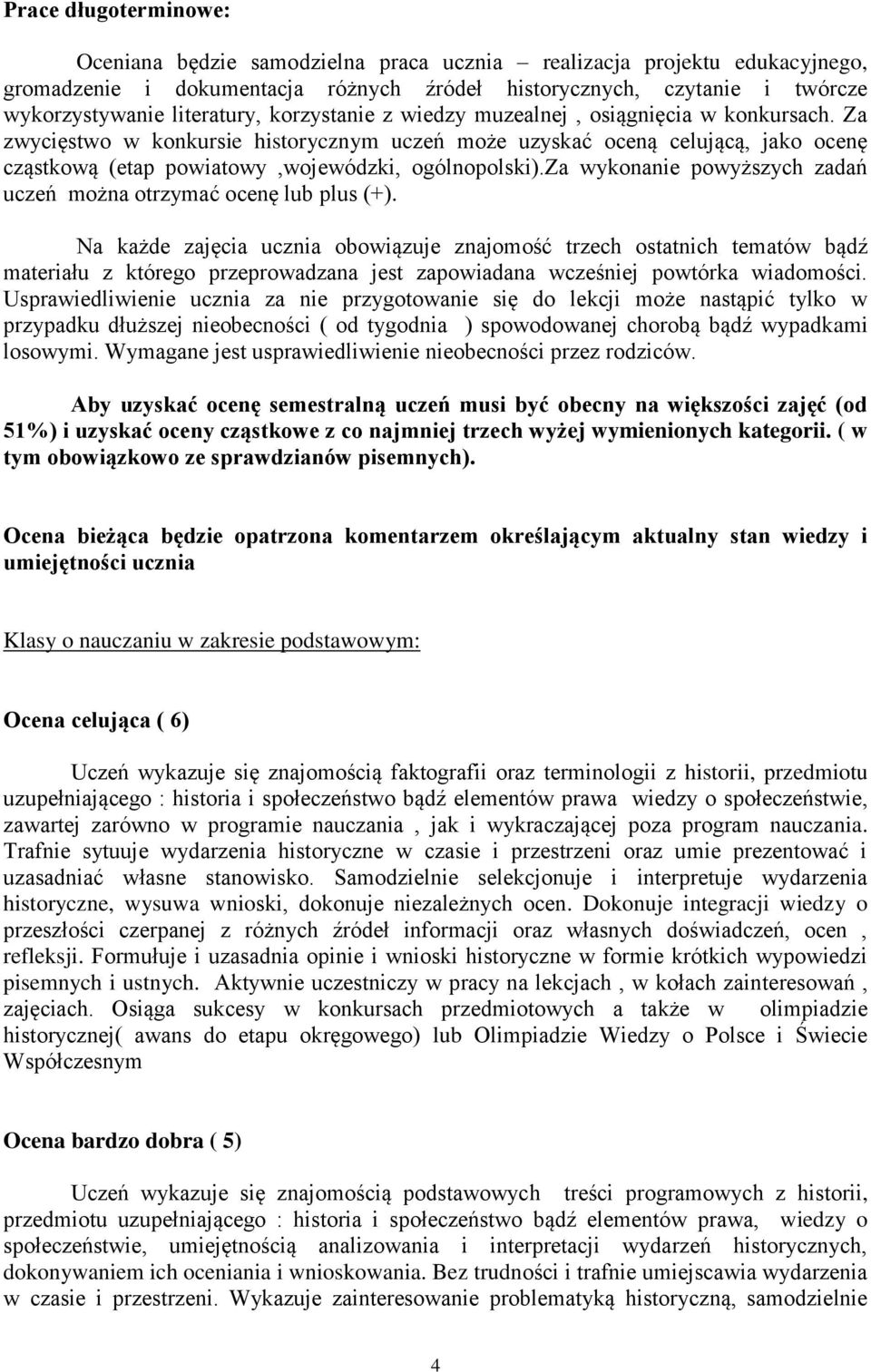 Za zwycięstwo w konkursie historycznym uczeń może uzyskać oceną celującą, jako ocenę cząstkową (etap powiatowy,wojewódzki, ogólnopolski).