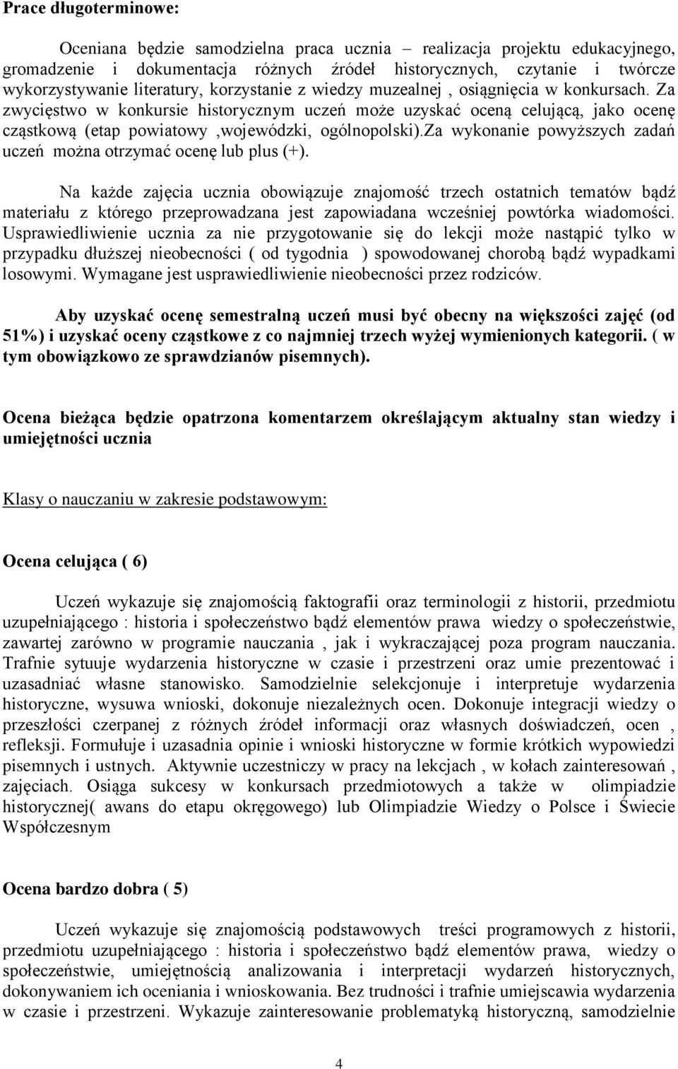 Za zwycięstwo w konkursie historycznym uczeń może uzyskać oceną celującą, jako ocenę cząstkową (etap powiatowy,wojewódzki, ogólnopolski).