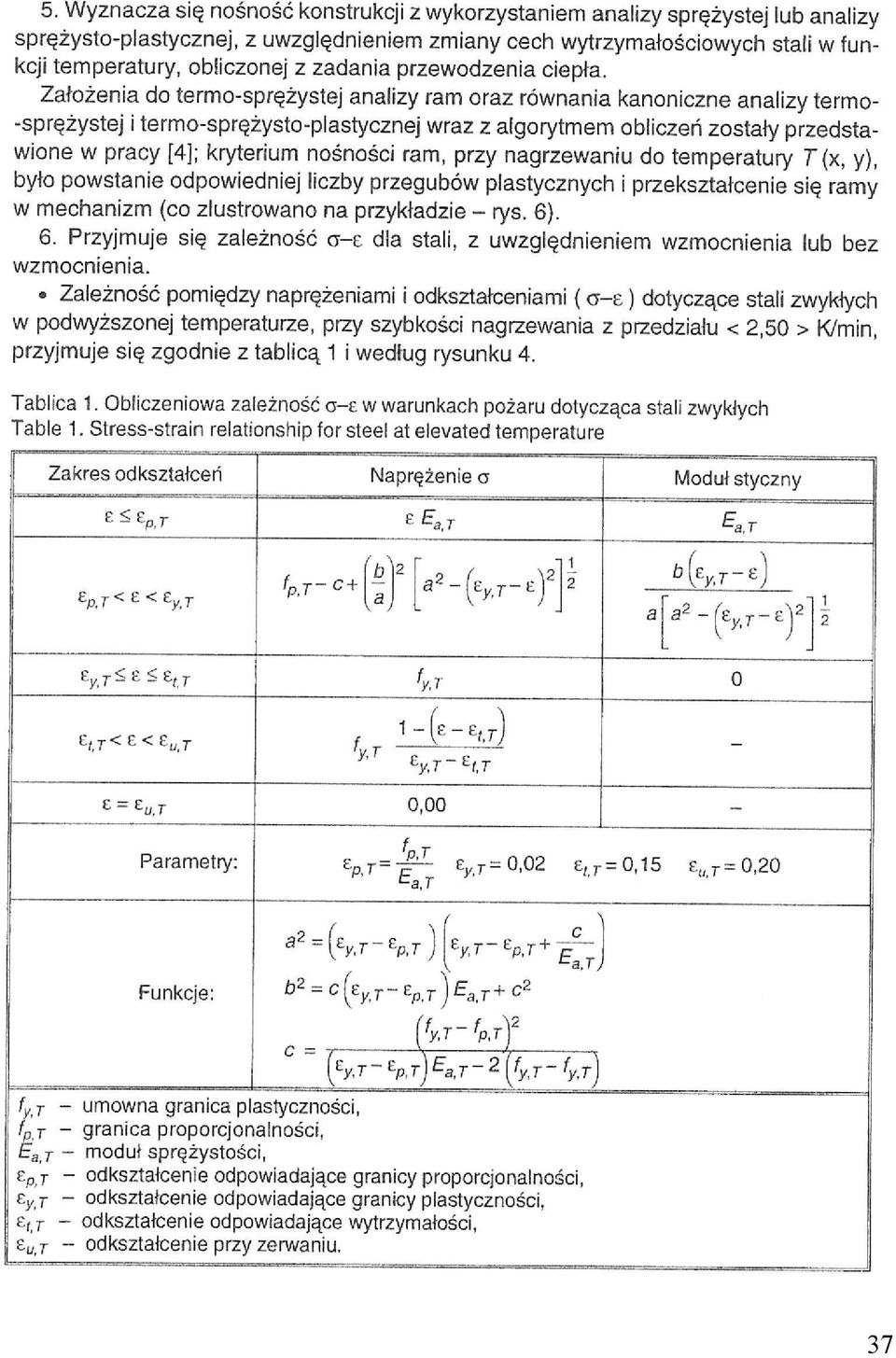 Założenia do termo-sprężystej analizy ram oraz równania kanoniczne analizy termo- -sprężystej i termo-sprężysto-plastycznej wraz z algorytmem obliczeń zostały przedstawione w pracy [4]; kryterium