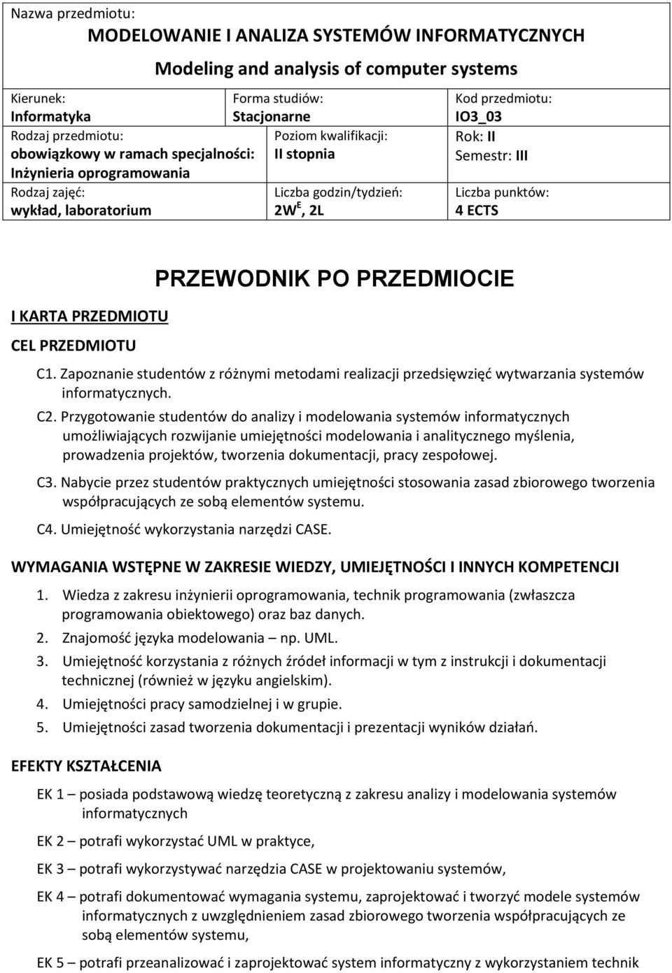 ECTS I KARTA PRZEDMIOTU CE