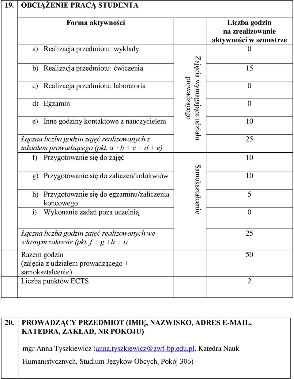 0 d) Egzamin 0 e) Inne godziny kontaktowe z nauczycielem 10 Łączna liczba godzin zajęć realizowanych z udziałem (pkt.