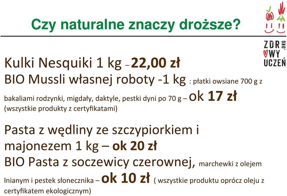 migdały, daktyle, pestki dyni po 70 g ok 17 zł (wszystkie produkty z certyfikatami) Pasta z wędliny ze