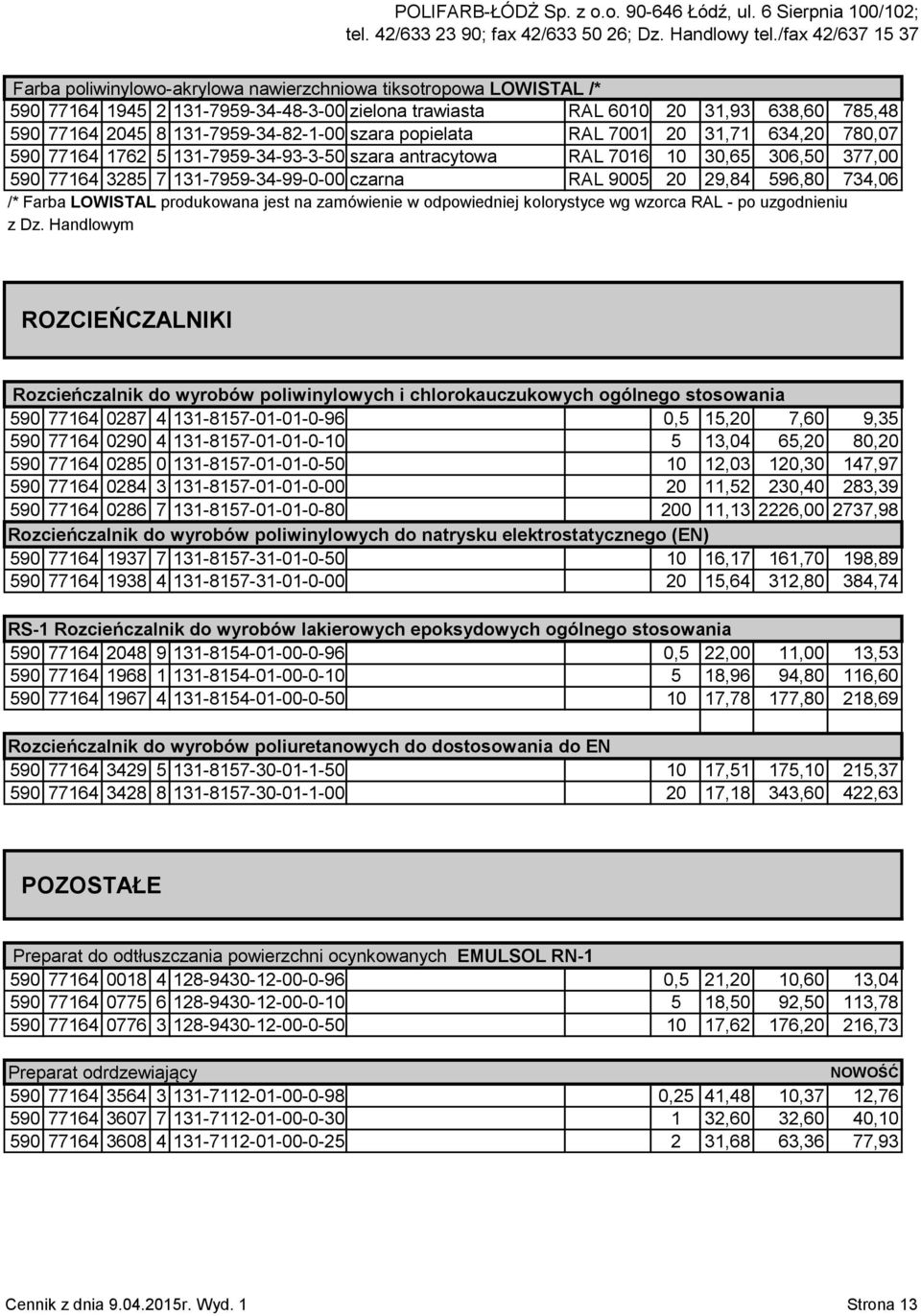 734,06 /* Farba LOWISTAL produkowana jest na zamówienie w odpowiedniej kolorystyce wg wzorca RAL - po uzgodnieniu z Dz.