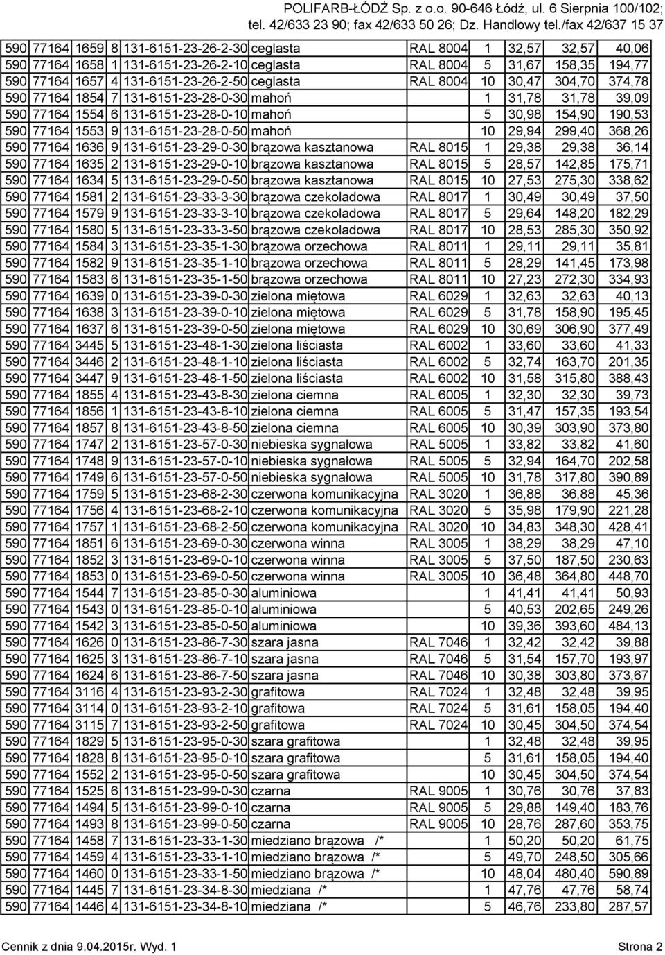 mahoń 10 29,94 299,40 368,26 590 77164 1636 9 131-6151-23-29-0-30 brązowa kasztanowa RAL 8015 1 29,38 29,38 36,14 590 77164 1635 2 131-6151-23-29-0-10 brązowa kasztanowa RAL 8015 5 28,57 142,85